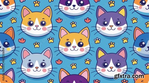 Printseamless Pattern Of A Cute Cat On Diferent Style And Colors 6xAI