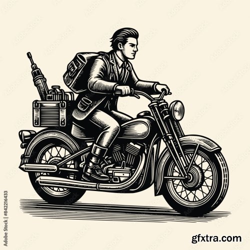 A Man Using Motorcycle Vector Illustration With Old Engraving Style 6xAI