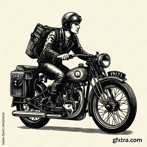 A Man Using Motorcycle Vector Illustration With Old Engraving Style 6xAI