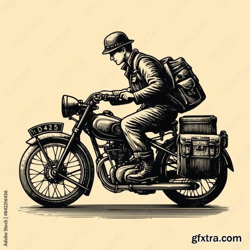 A Man Using Motorcycle Vector Illustration With Old Engraving Style 6xAI