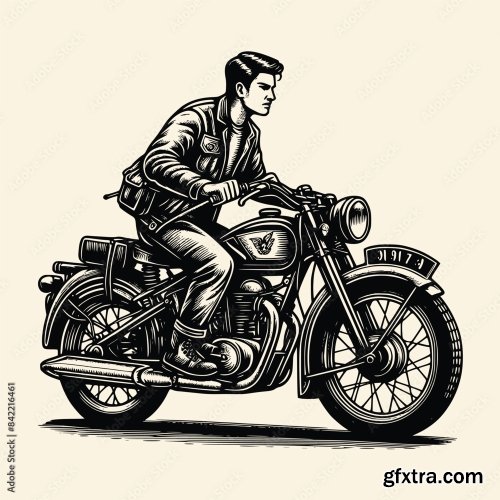 A Man Using Motorcycle Vector Illustration With Old Engraving Style 6xAI