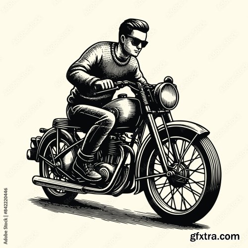 A Man Using Motorcycle Vector Illustration With Old Engraving Style 6xAI