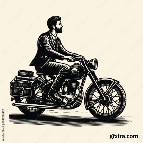 A Man Using Motorcycle Vector Illustration With Old Engraving Style 6xAI