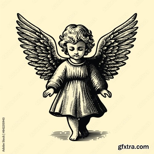 Baby With Wings Old Engraving Vector Style 6xAI