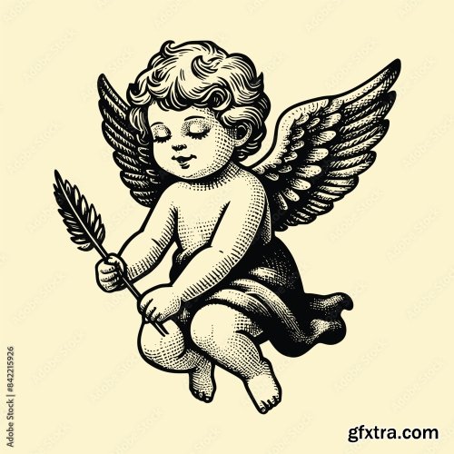 Baby With Wings Old Engraving Vector Style 6xAI