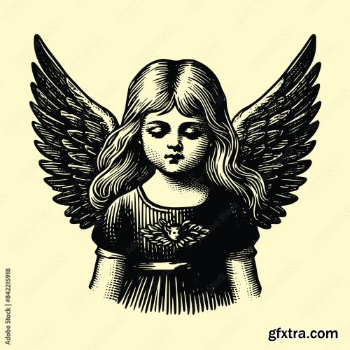 Baby With Wings Old Engraving Vector Style 6xAI