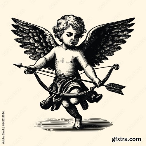 Baby With Wings Old Engraving Vector Style 6xAI