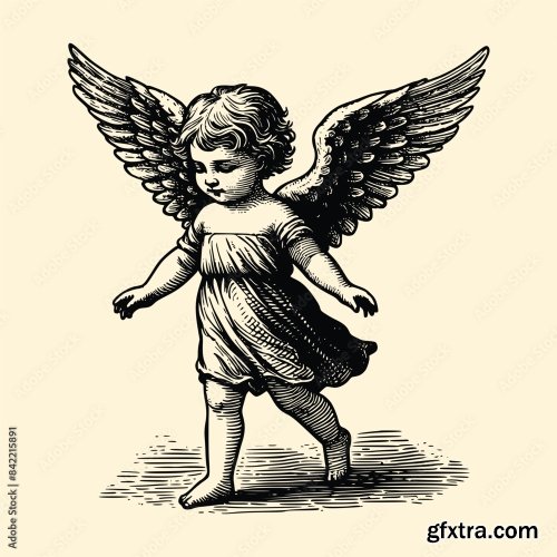 Baby With Wings Old Engraving Vector Style 6xAI