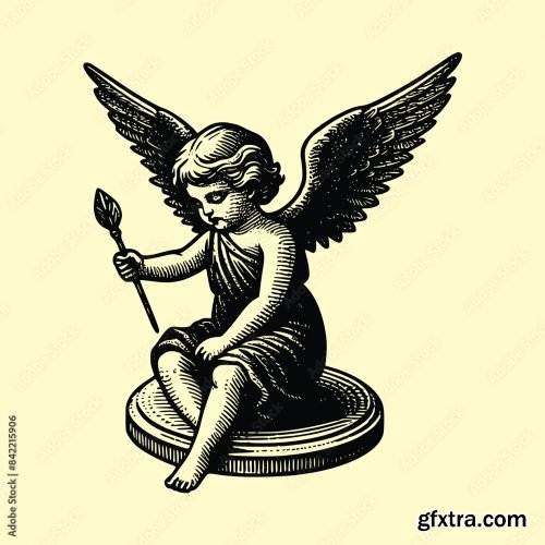 Baby With Wings Old Engraving Vector Style 6xAI