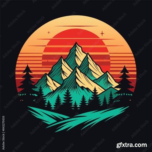 Mountain And Forest Illustration With Retro Style For T-Shirt Design 6xAI