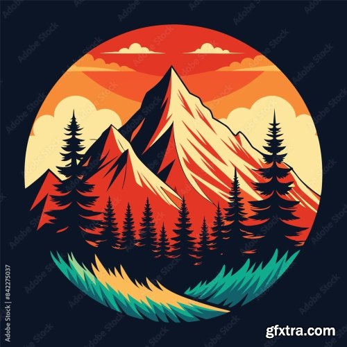 Mountain And Forest Illustration With Retro Style For T-Shirt Design 6xAI