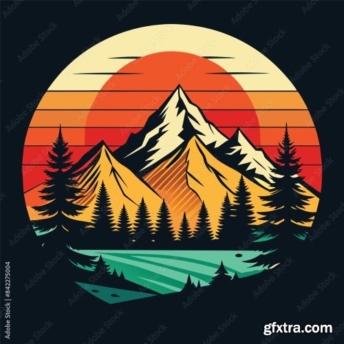 Mountain And Forest Illustration With Retro Style For T-Shirt Design 6xAI