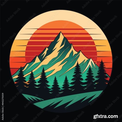 Mountain And Forest Illustration With Retro Style For T-Shirt Design 6xAI