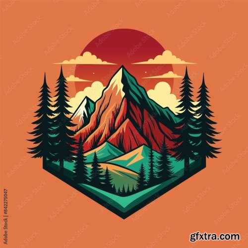 Mountain And Forest Illustration With Retro Style For T-Shirt Design 6xAI