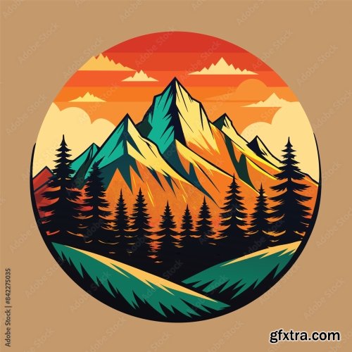 Mountain And Forest Illustration With Retro Style For T-Shirt Design 6xAI