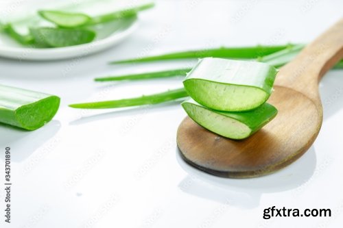 Aloe Vera Sliced On Wood Spoon Isolated On White Background 12xJPEG