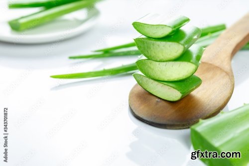 Aloe Vera Sliced On Wood Spoon Isolated On White Background 12xJPEG