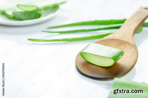 Aloe Vera Sliced On Wood Spoon Isolated On White Background 12xJPEG