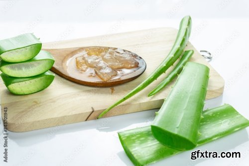 Aloe Vera Sliced On Wood Spoon Isolated On White Background 12xJPEG