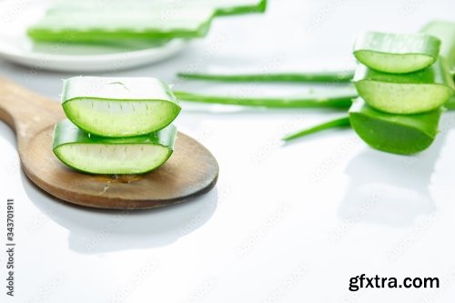 Aloe Vera Sliced On Wood Spoon Isolated On White Background 12xJPEG