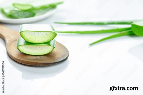 Aloe Vera Sliced On Wood Spoon Isolated On White Background 12xJPEG