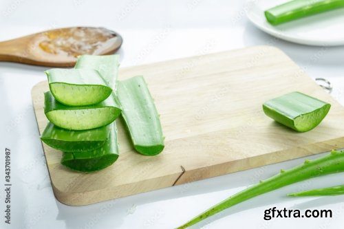 Aloe Vera Sliced On Wood Spoon Isolated On White Background 12xJPEG