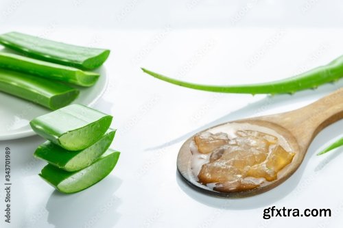 Aloe Vera Sliced On Wood Spoon Isolated On White Background 12xJPEG