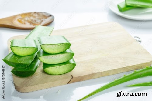 Aloe Vera Sliced On Wood Spoon Isolated On White Background 12xJPEG