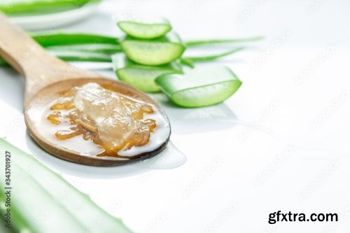 Aloe Vera Sliced On Wood Spoon Isolated On White Background 12xJPEG