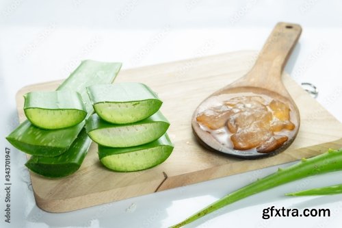 Aloe Vera Sliced On Wood Spoon Isolated On White Background 12xJPEG