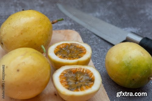 Thai Passion Fruit Isolated Slice On Wooden Plate 8xJPEG