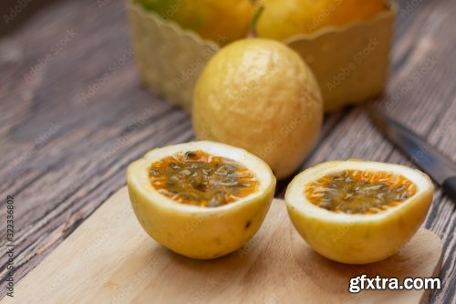 Thai Passion Fruit Isolated Slice On Wooden Plate 8xJPEG