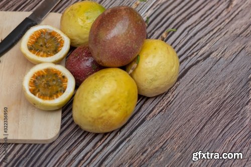 Thai Passion Fruit Isolated Slice On Wooden Plate 8xJPEG