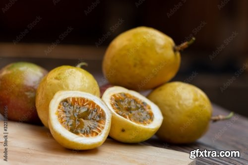 Thai Passion Fruit Isolated Slice On Wooden Plate 8xJPEG