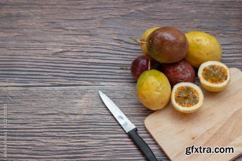 Thai Passion Fruit Isolated Slice On Wooden Plate 8xJPEG