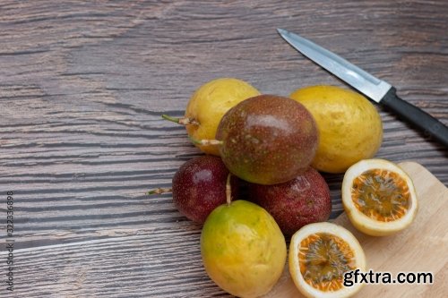 Thai Passion Fruit Isolated Slice On Wooden Plate 8xJPEG