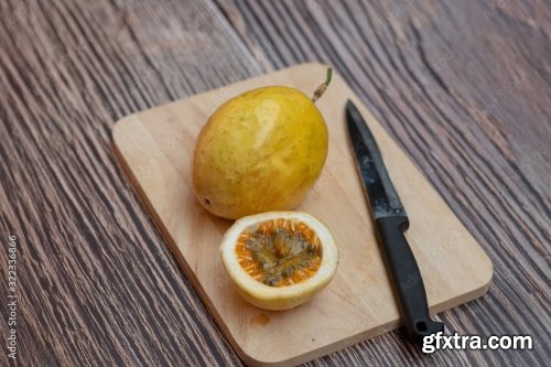 Thai Passion Fruit Isolated Slice On Wooden Plate 8xJPEG