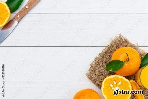 Orange Juice And Oranges On White Vintage Wood Table 5xJPEG