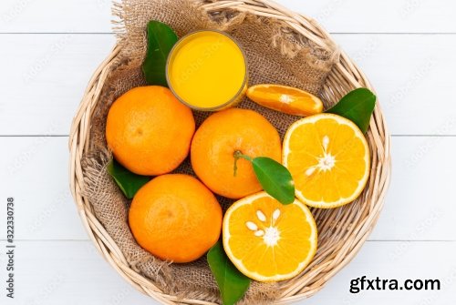 Orange Juice And Oranges On White Vintage Wood Table 5xJPEG