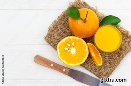 Orange Juice And Oranges On White Vintage Wood Table 5xJPEG