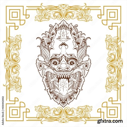 Balinese Demon Mask Hand Drawn Decorative Vintage Design 12xAI