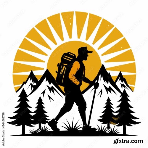 Black Silhouette Hiking Vintage Retro Sunshine 6xSVG