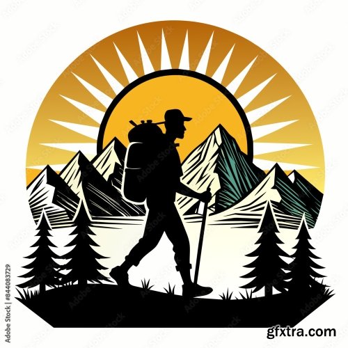 Black Silhouette Hiking Vintage Retro Sunshine 6xSVG