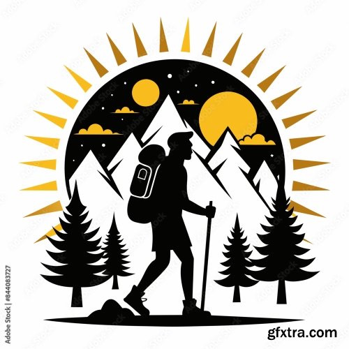 Black Silhouette Hiking Vintage Retro Sunshine 6xSVG