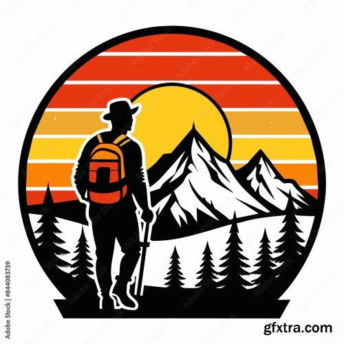 Black Silhouette Hiking Vintage Retro Sunshine 6xSVG