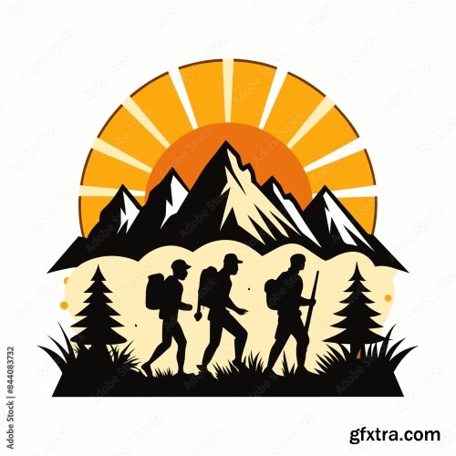 Black Silhouette Hiking Vintage Retro Sunshine 6xSVG