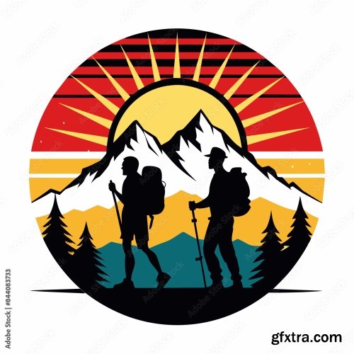 Black Silhouette Hiking Vintage Retro Sunshine 6xSVG