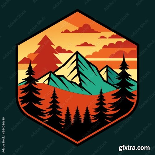 Mountain And Forest Illustration With Retro Style 6xSVG