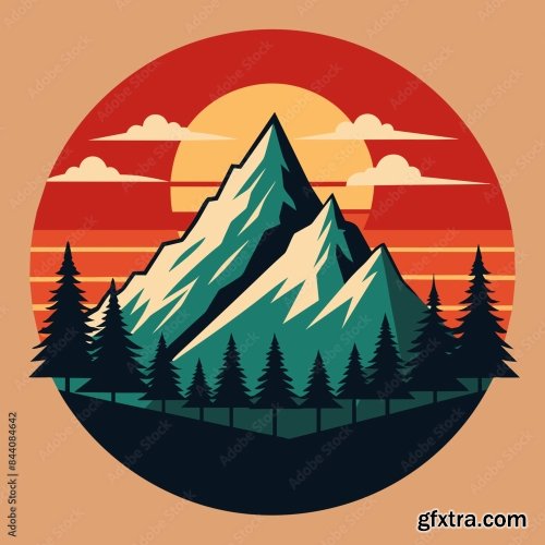 Mountain And Forest Illustration With Retro Style 6xSVG