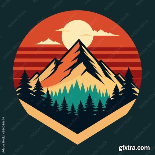 Mountain And Forest Illustration With Retro Style 6xSVG